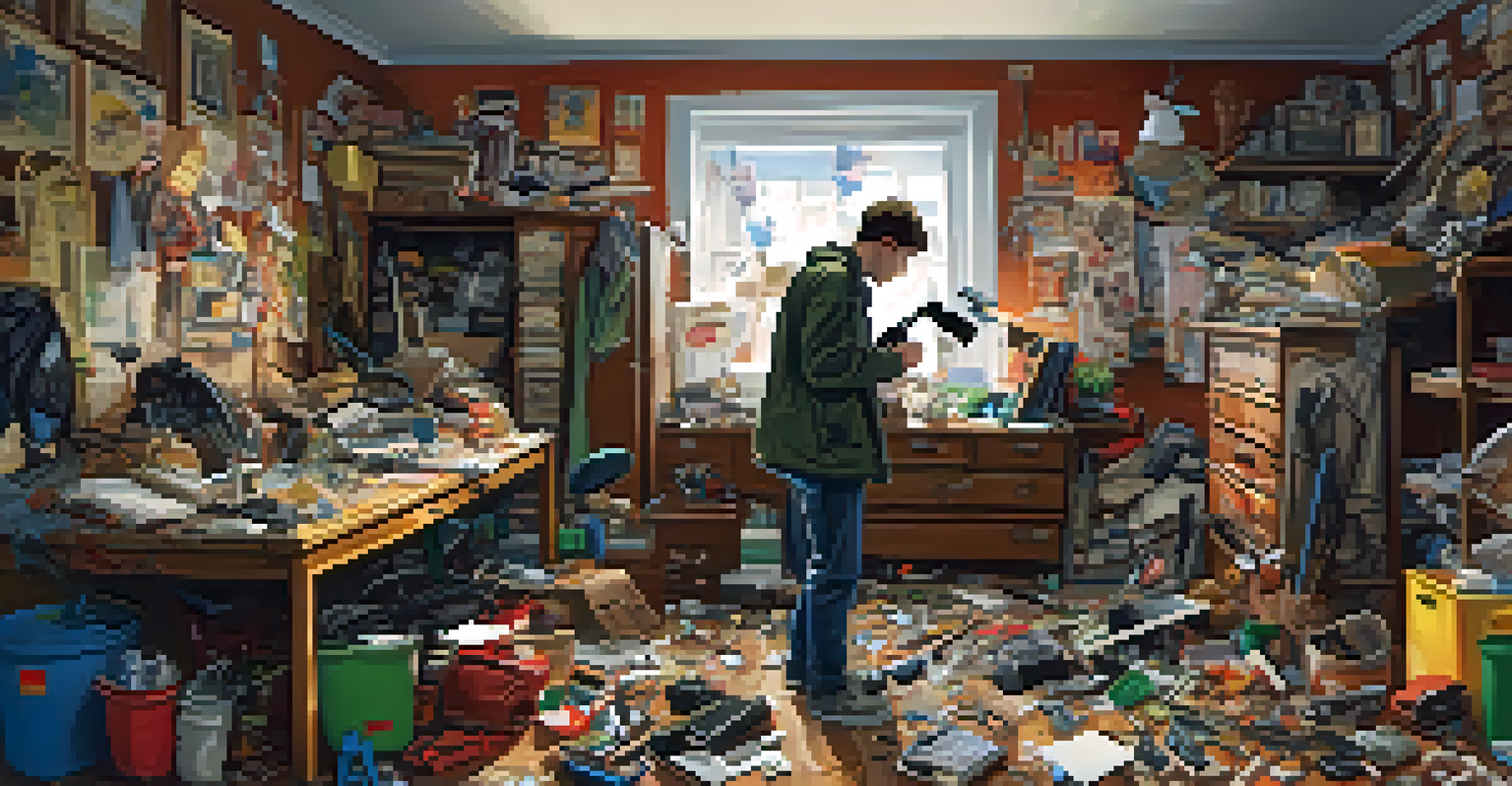 A person feeling overwhelmed in a cluttered room while searching for keys under stress.