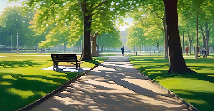 A person walking in a park, looking around thoughtfully, with trees and pathways in the background.