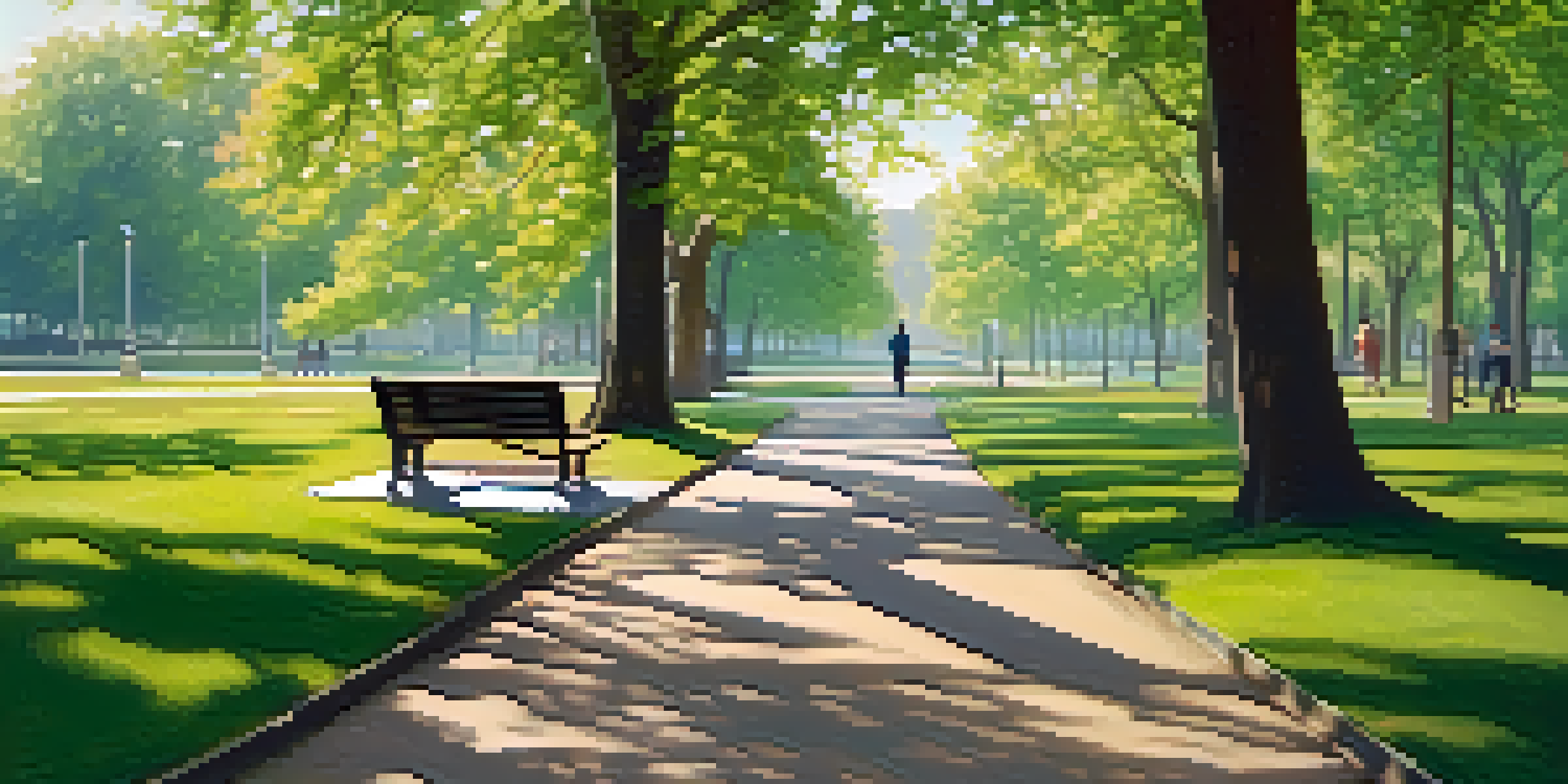 A person walking in a park, looking around thoughtfully, with trees and pathways in the background.