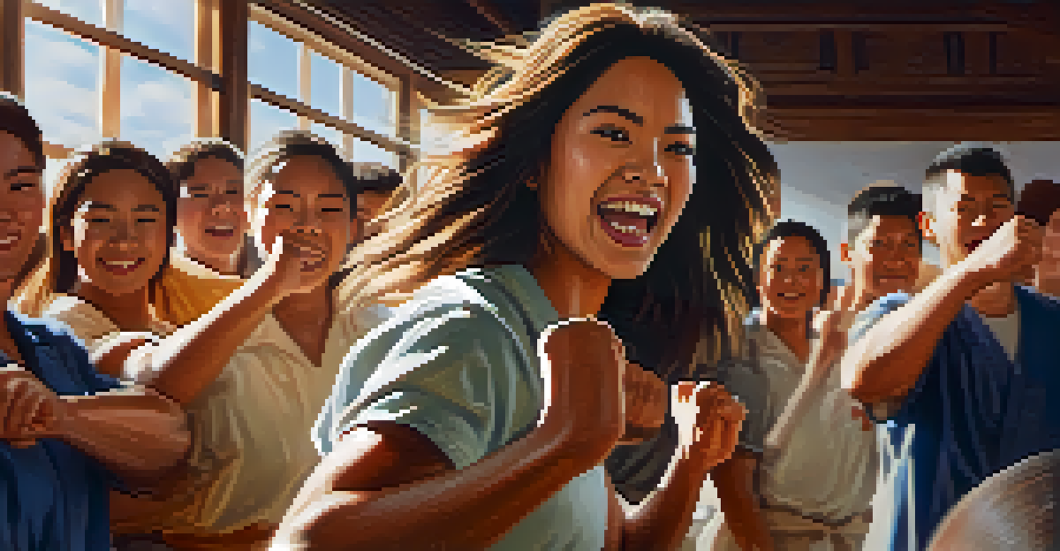 A woman breaking a wooden board with her fist in a dojo, with classmates cheering in the background.