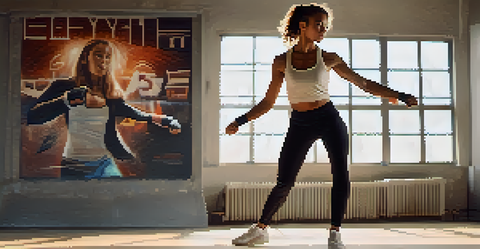 A young woman practicing self-defense in a bright studio with motivational posters.