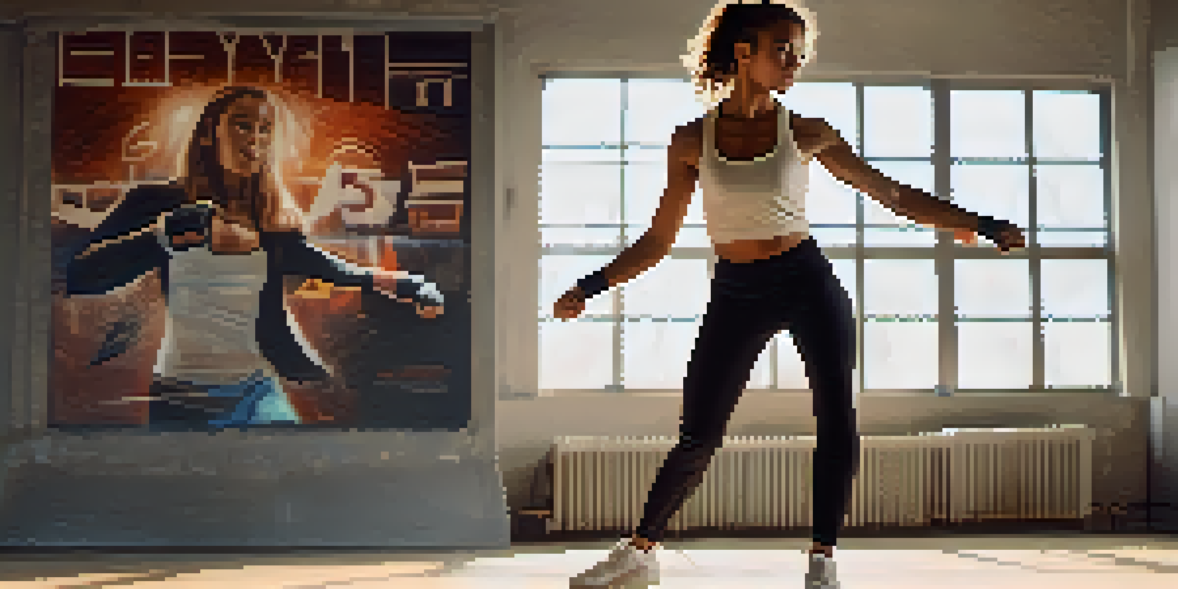 A young woman practicing self-defense in a bright studio with motivational posters.