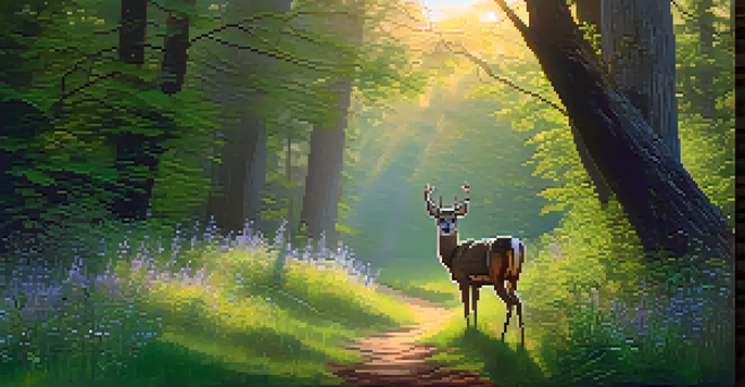 A deer standing in a tranquil forest as sunlight filters through the trees, surrounded by greenery and flowers.