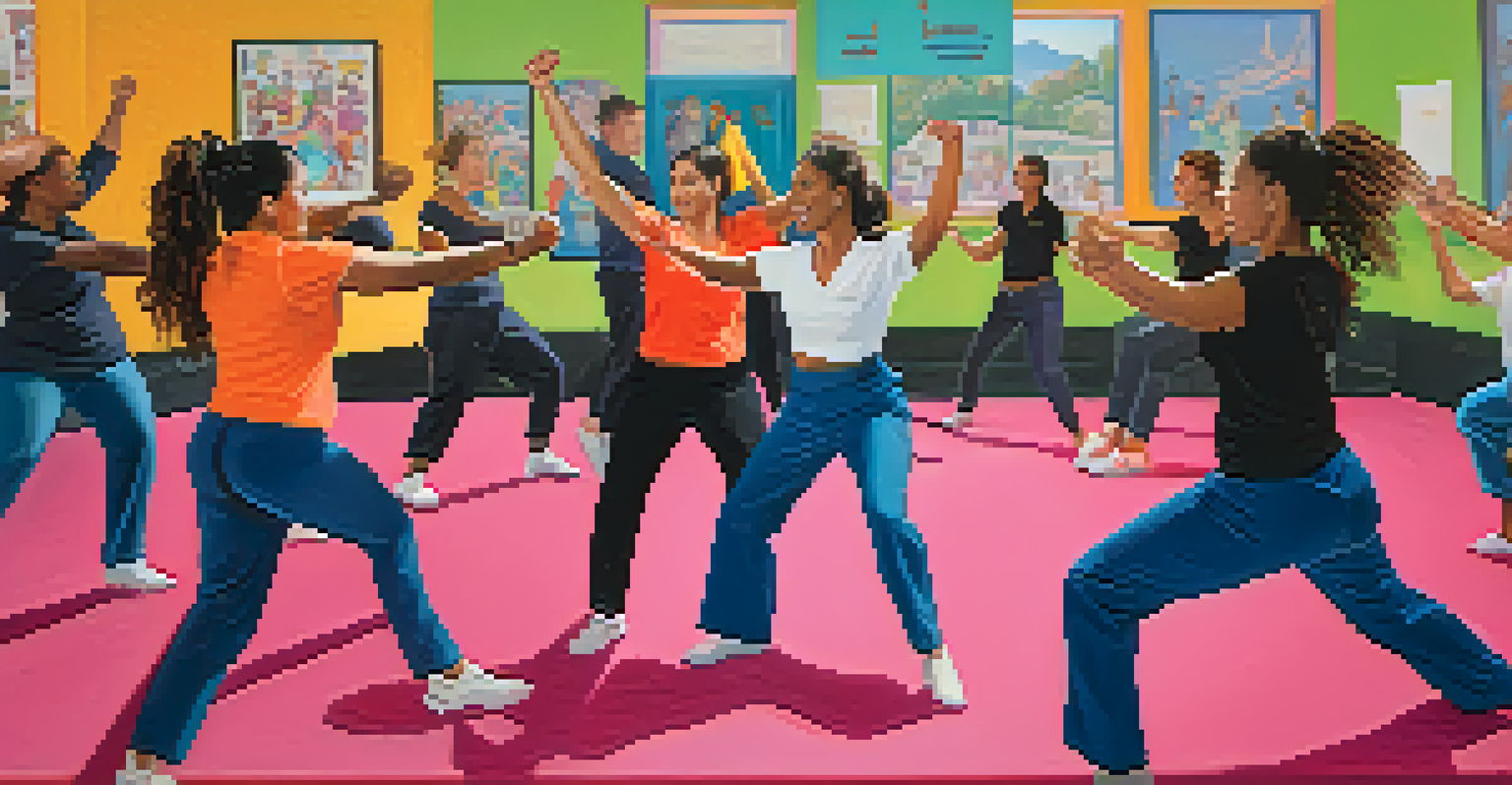 Women in a self-defense class celebrating a successful demonstration, showcasing encouragement and support.