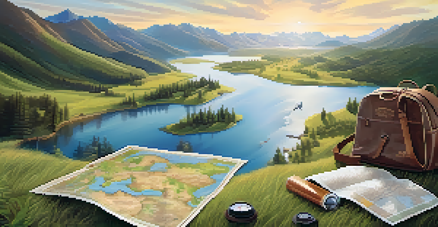 A hiking trail map on a picnic blanket in a grassy area, with binoculars and a compass nearby, illuminated by soft sunlight.