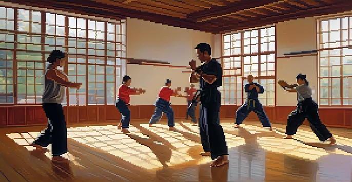 A diverse group of people practicing self-defense techniques in a well-lit dojo, showcasing focus and determination.