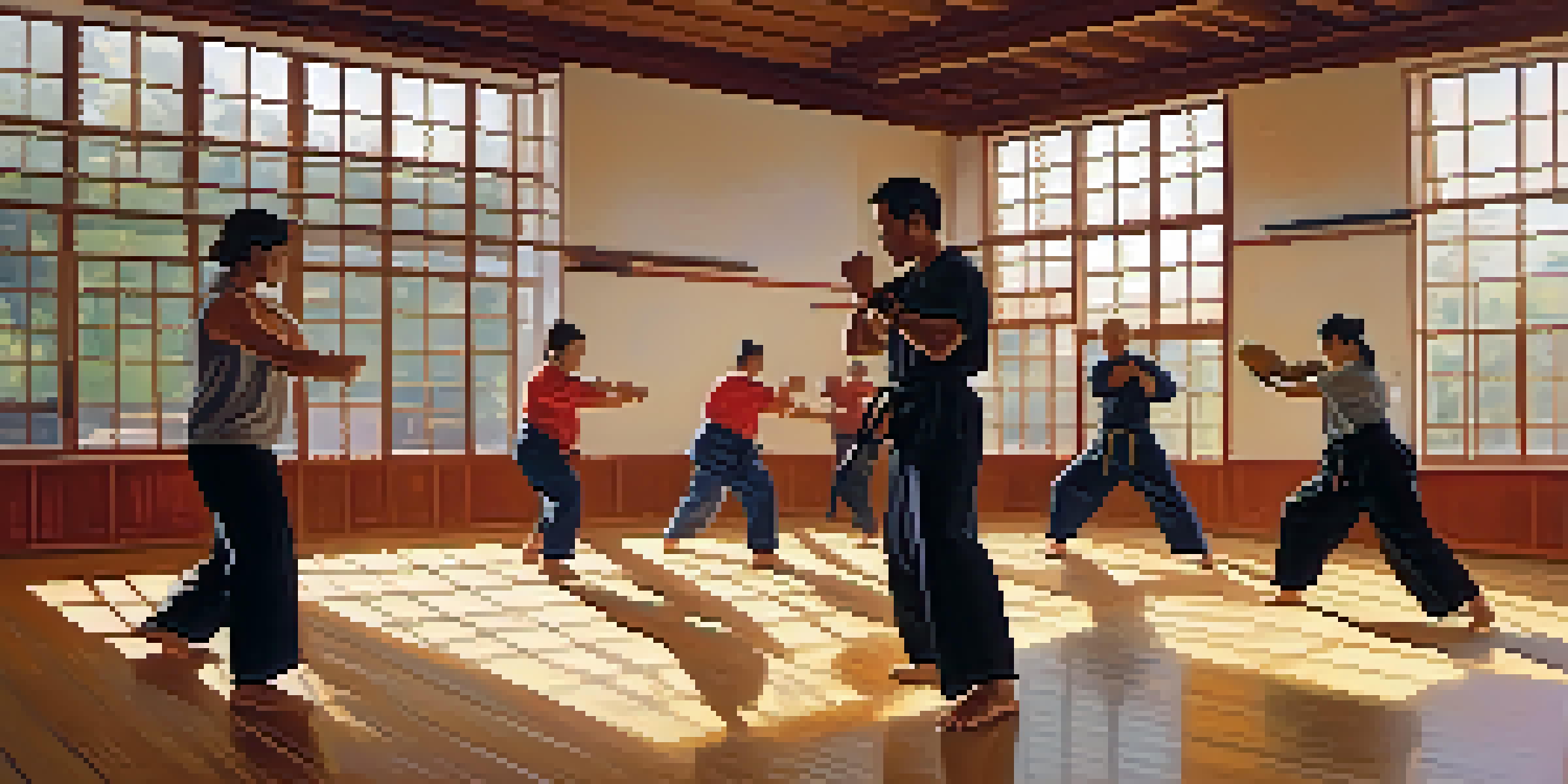 A diverse group of people practicing self-defense techniques in a well-lit dojo, showcasing focus and determination.