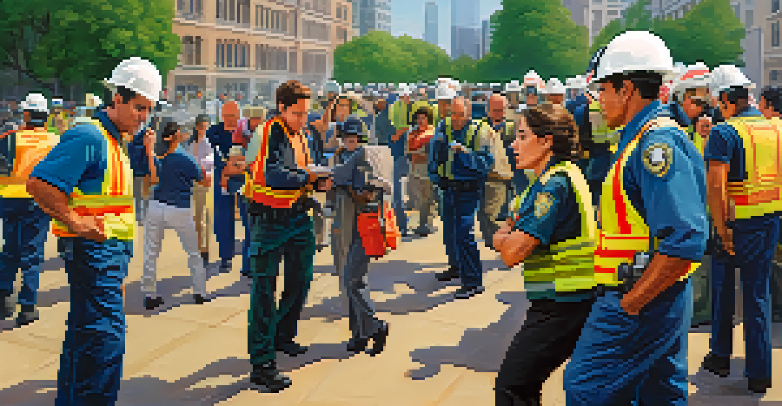 Volunteers conducting an emergency response drill in a public space, practicing evacuation procedures.