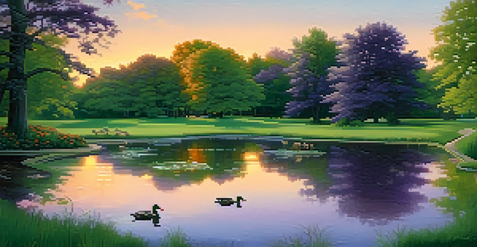 A tranquil park at dusk with a pond and ducks, surrounded by trees and a colorful sunset sky.