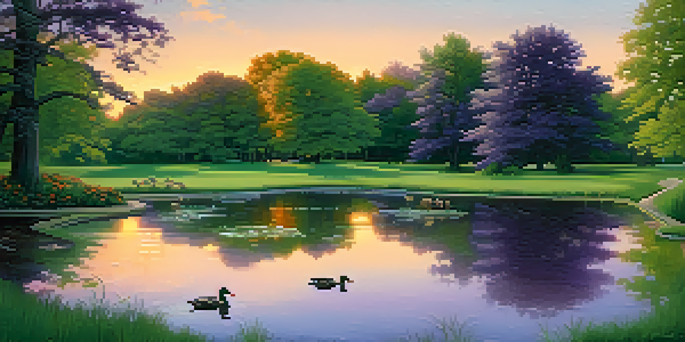 A tranquil park at dusk with a pond and ducks, surrounded by trees and a colorful sunset sky.