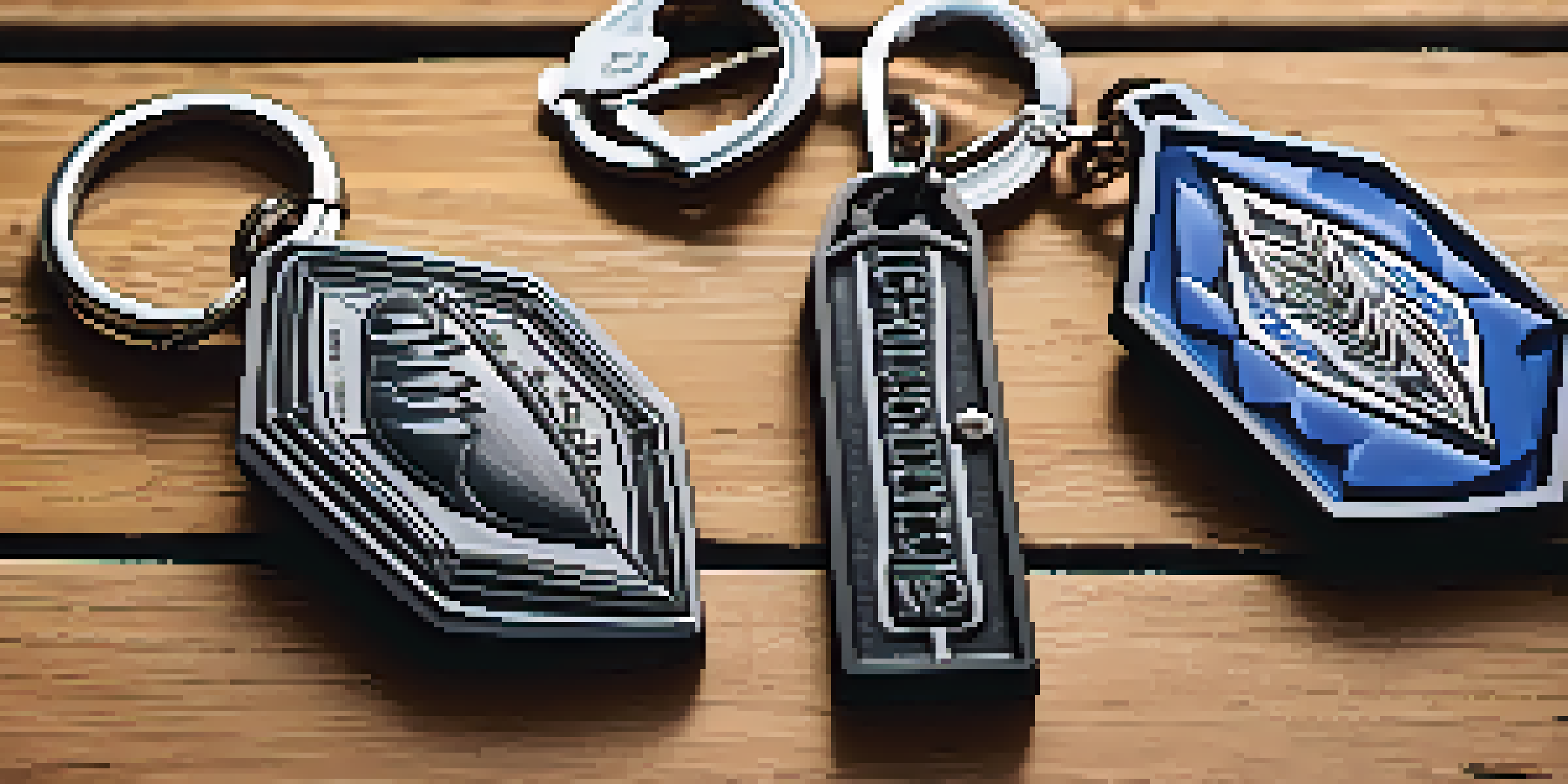 A variety of self-defense keychains on a wooden surface, emphasizing their stylish and practical designs.