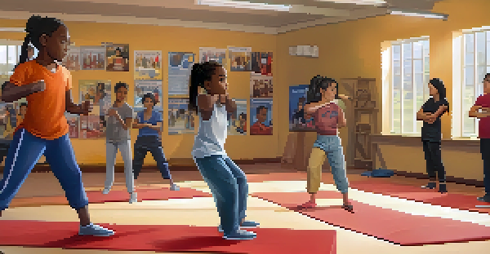 A diverse group of young people participating in a self-defense workshop, practicing martial arts and sharing experiences in a community center.
