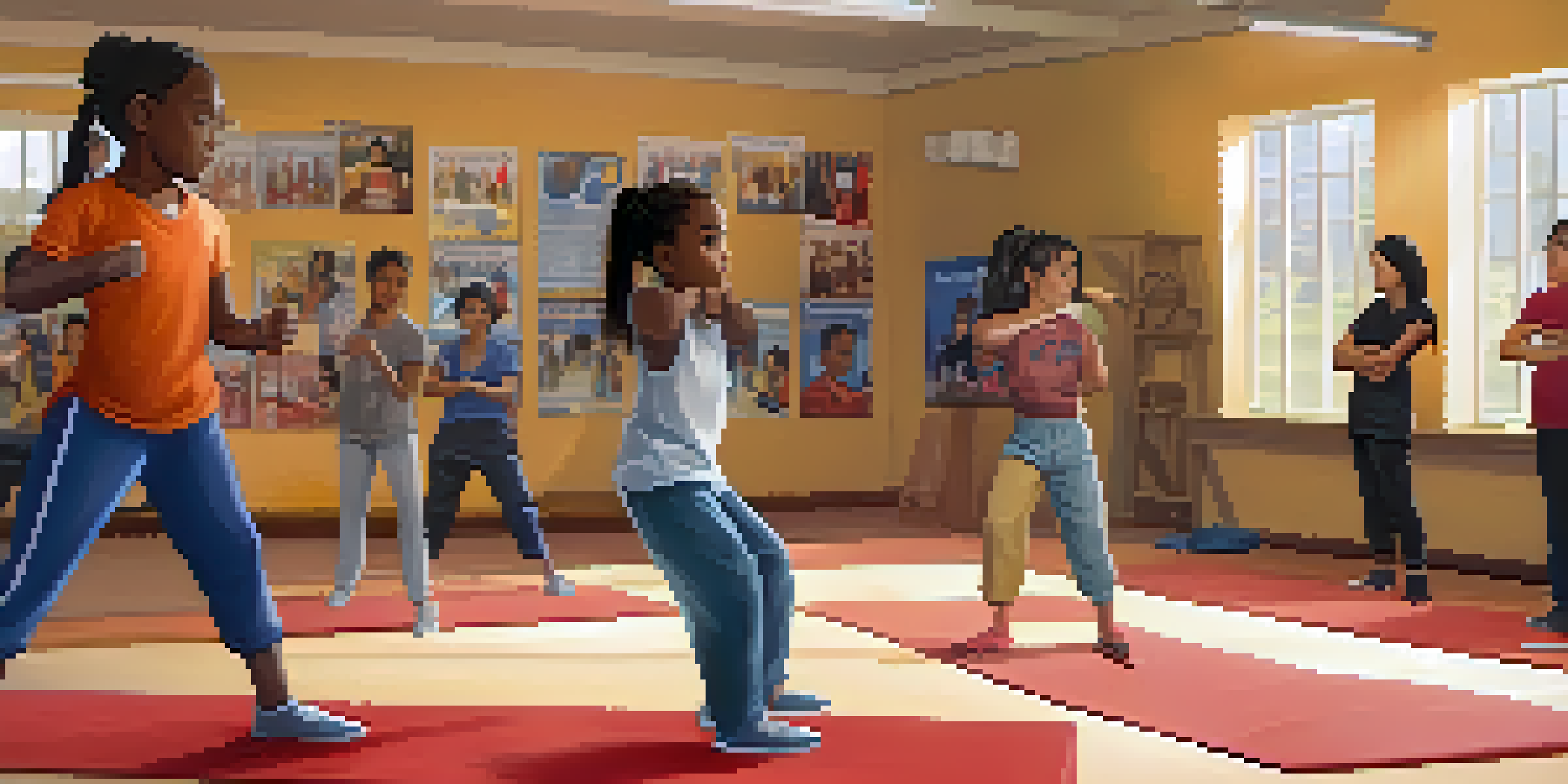 A diverse group of young people participating in a self-defense workshop, practicing martial arts and sharing experiences in a community center.