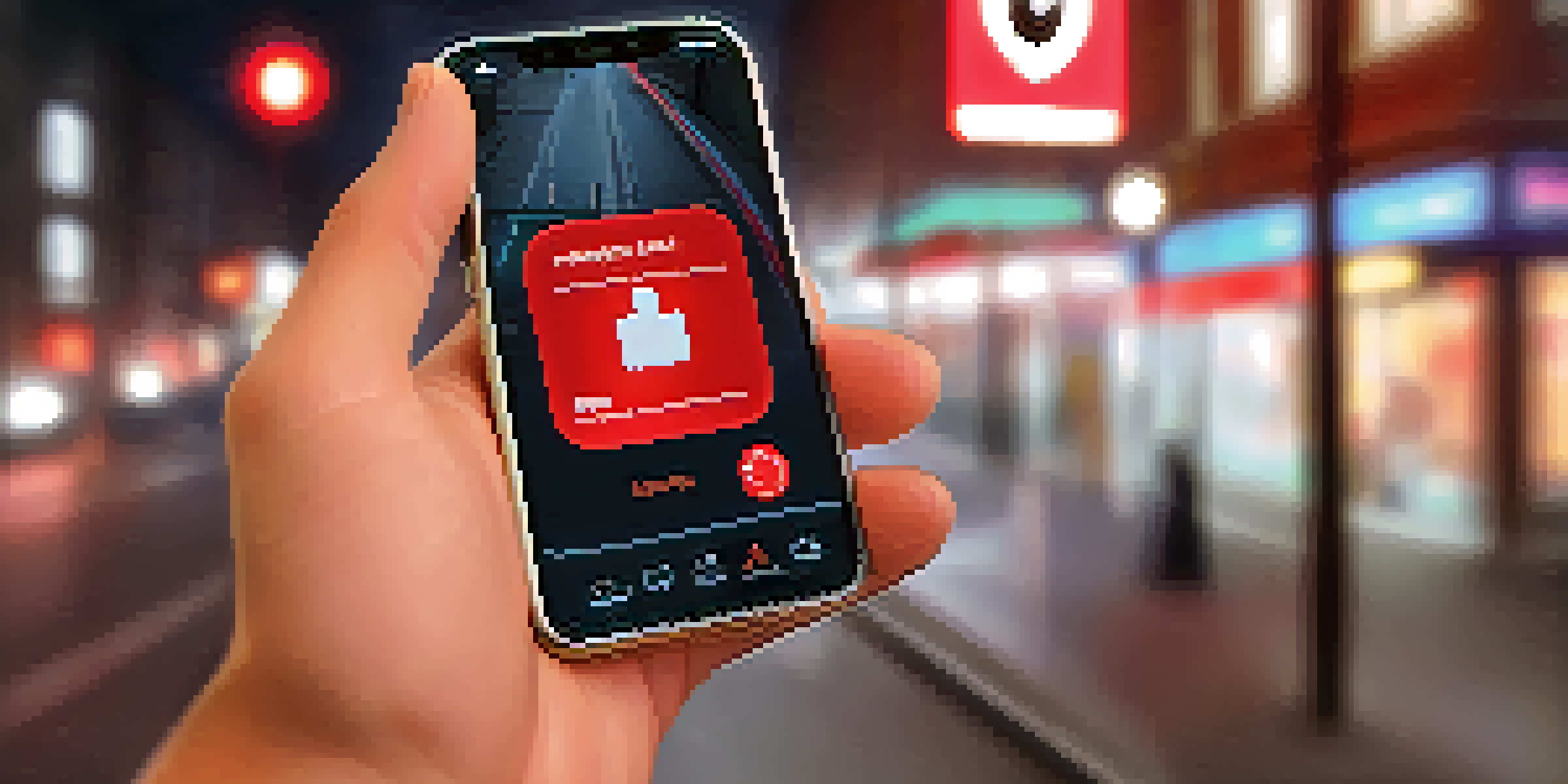 A smartphone screen with a personal safety app showing a panic button and a map, set against a blurred, dimly lit street background.