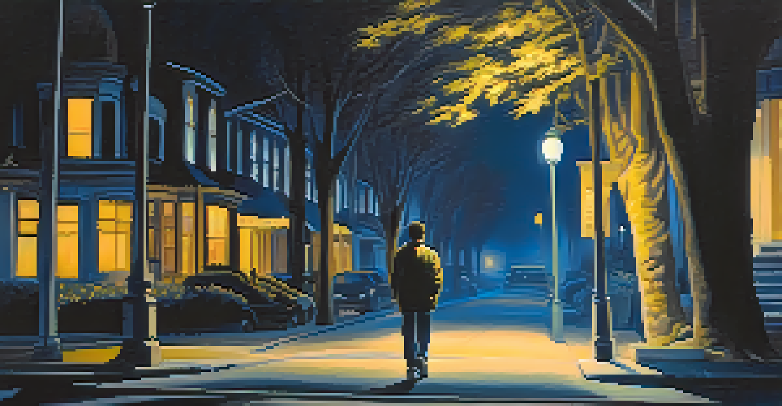 A person walking cautiously on a dimly lit street at night, with trees casting shadows and streetlights illuminating the scene.