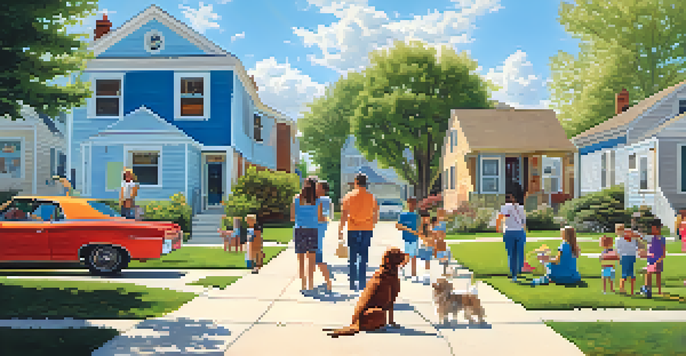 A diverse group of residents in a neighborhood discussing safety and community watch efforts under a bright blue sky.