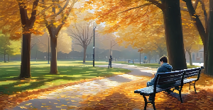 A young person sitting on a park bench, looking at their phone with a concerned expression amidst autumn leaves.