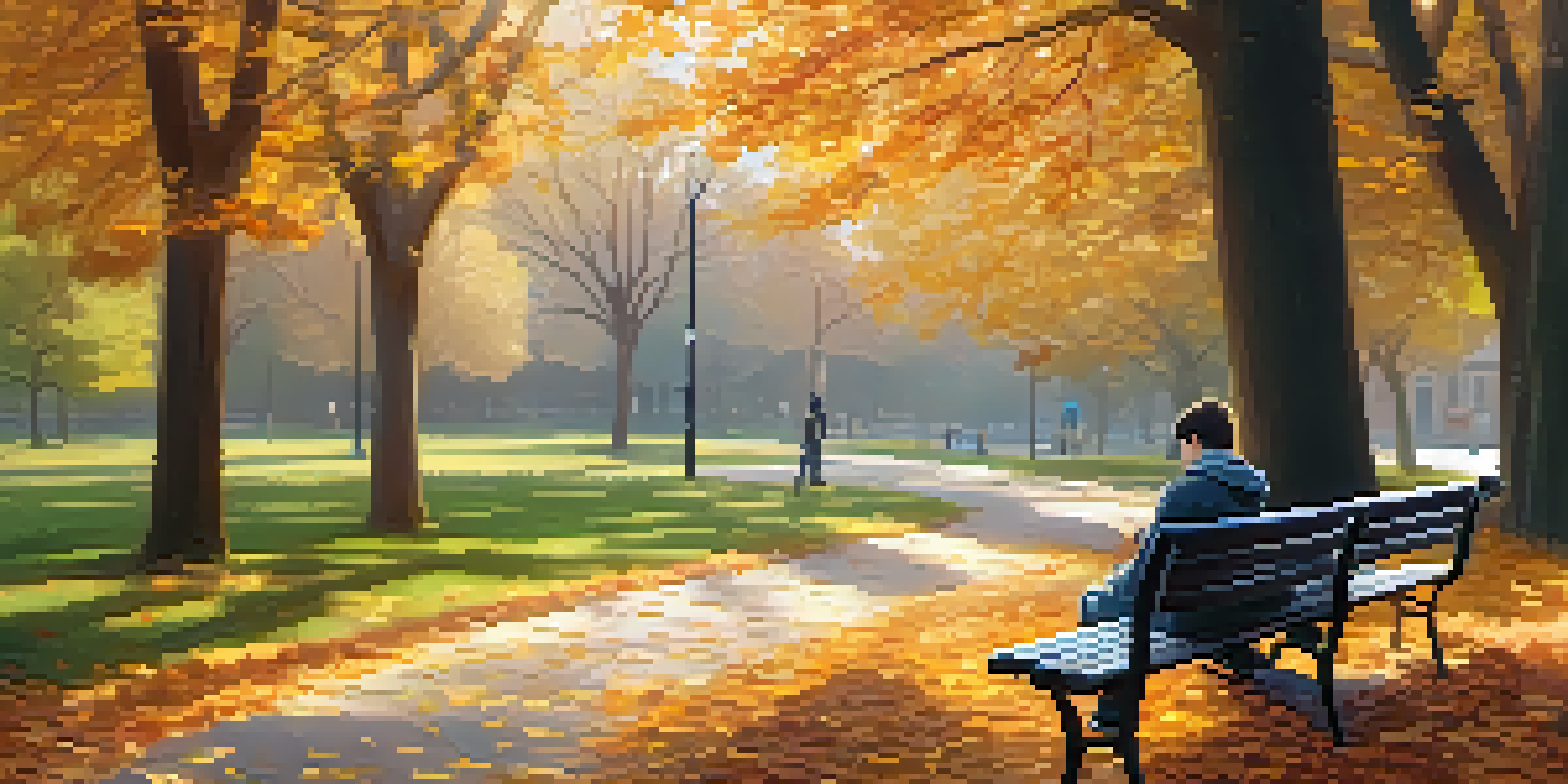 A young person sitting on a park bench, looking at their phone with a concerned expression amidst autumn leaves.