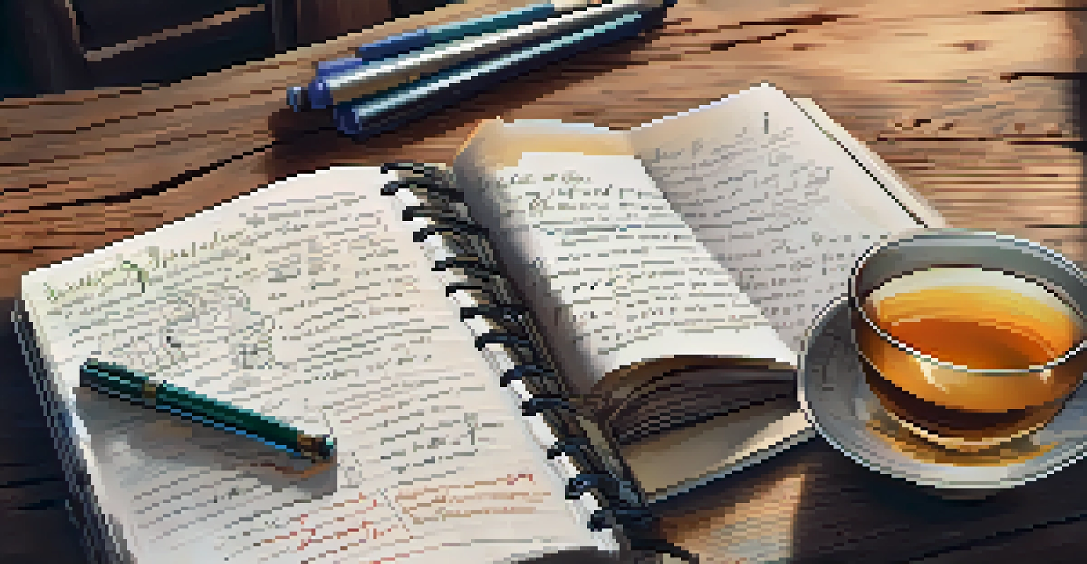 An open journal on a wooden table with handwritten notes about mental self-defense, alongside a cup of tea and a plant.