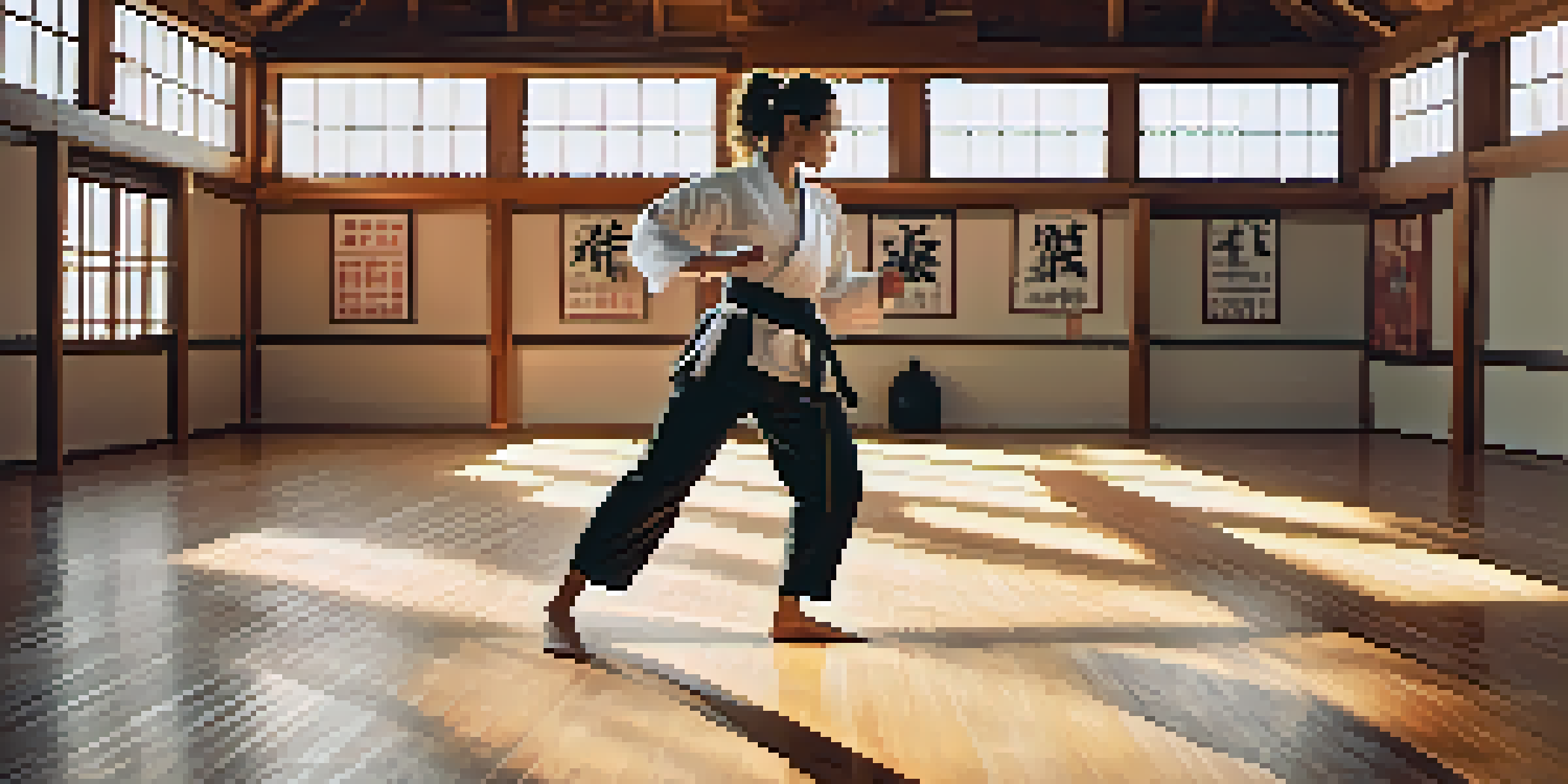 A woman practicing self-defense in a bright dojo, showcasing her balance and focus.