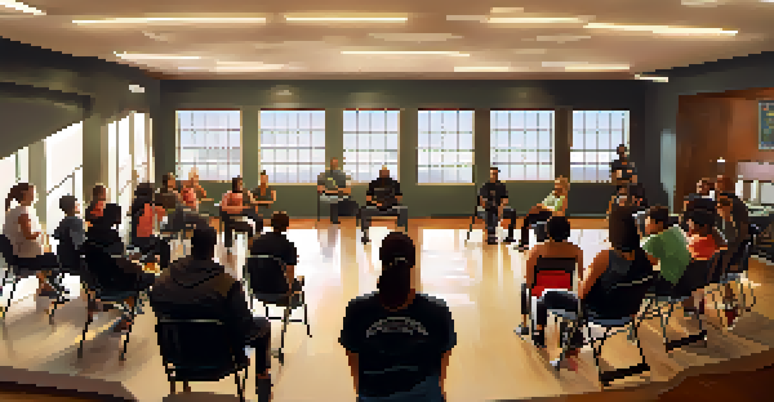 Participants in a self-defense workshop engaged in a supportive discussion, highlighting community and encouragement.
