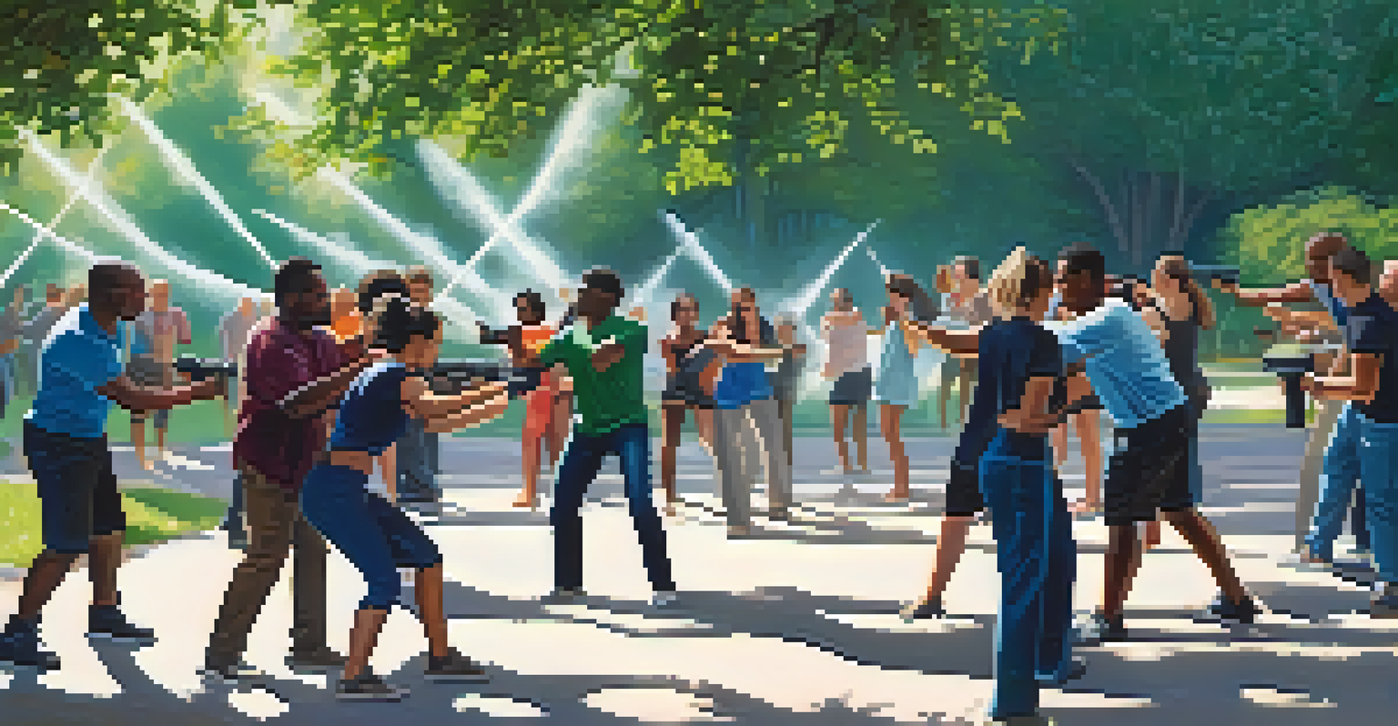 A diverse group practicing self-defense techniques with pepper spray in a sunny park.