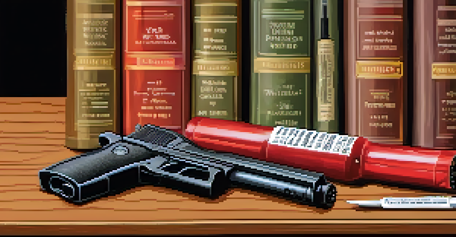 A collection of self-defense weapons displayed on a wooden table, with labels and a warm, inviting atmosphere.