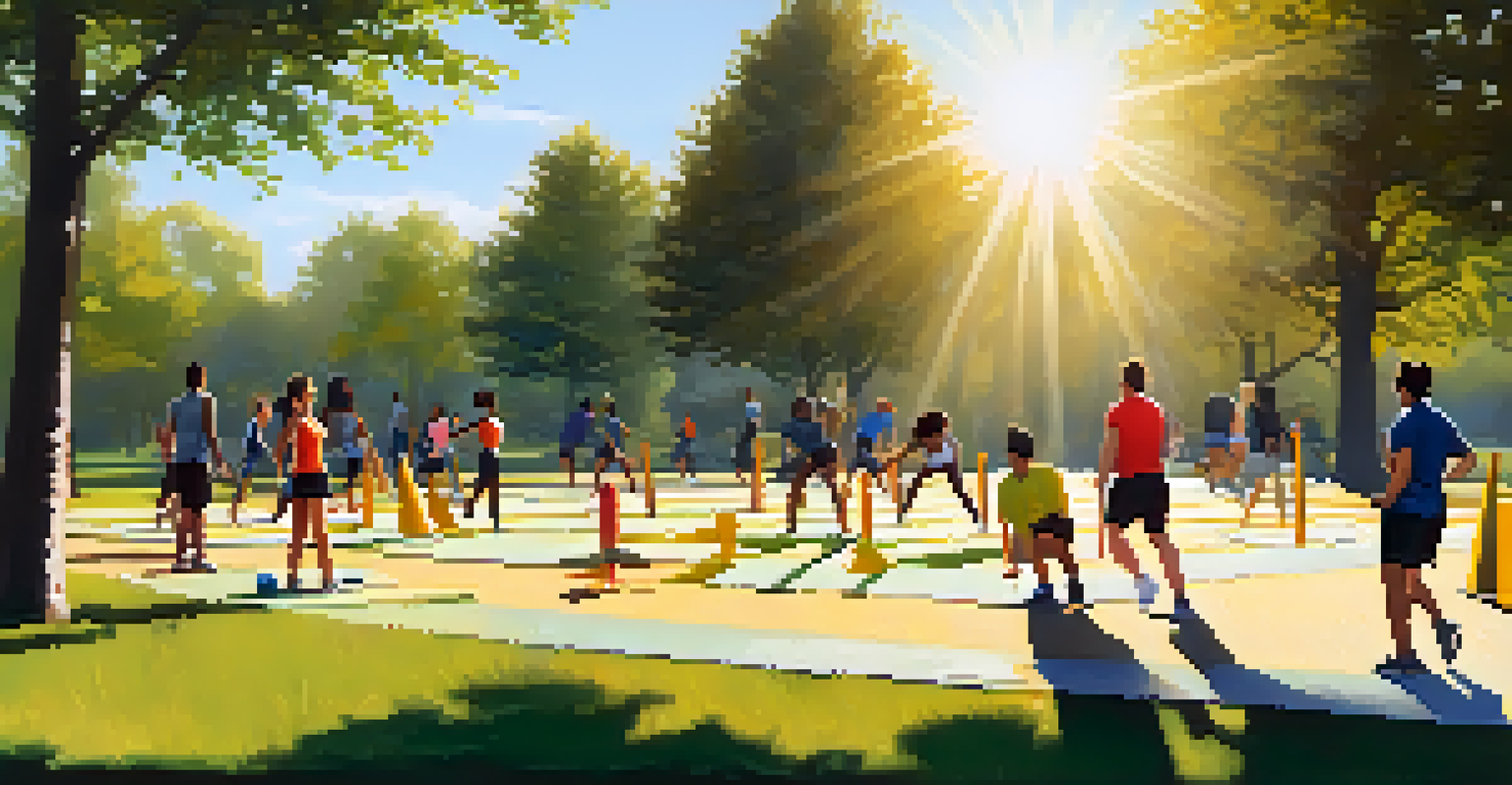 Diverse individuals practicing agility drills outdoors in a sunny park.