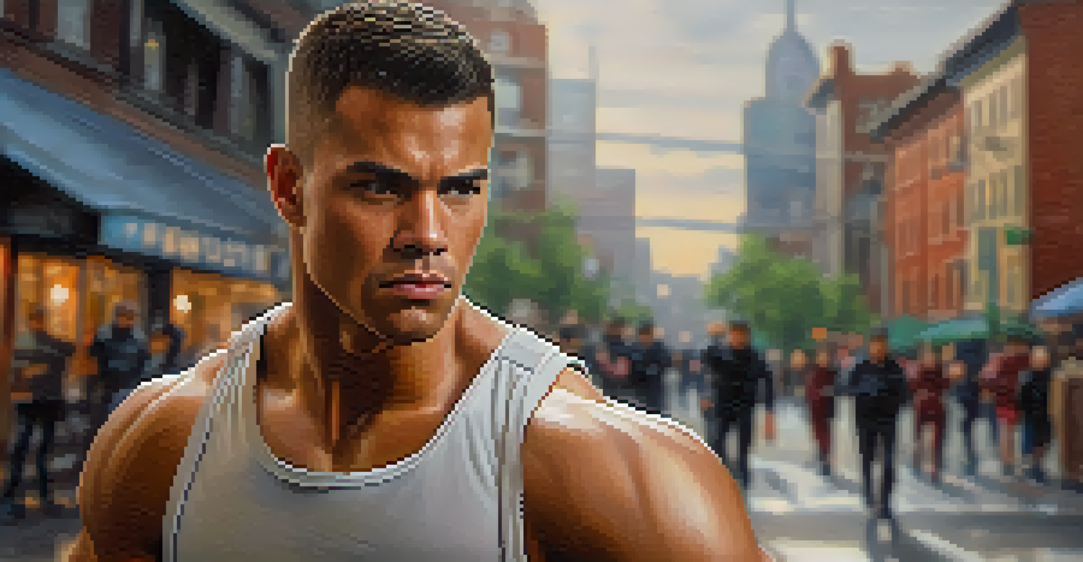A close-up of a confident person in a self-defense stance in a city setting.