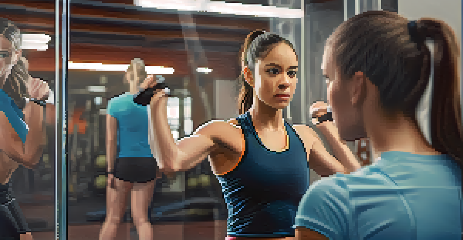 A young woman practicing self-defense moves in a modern gym, looking focused and determined in front of a mirror.
