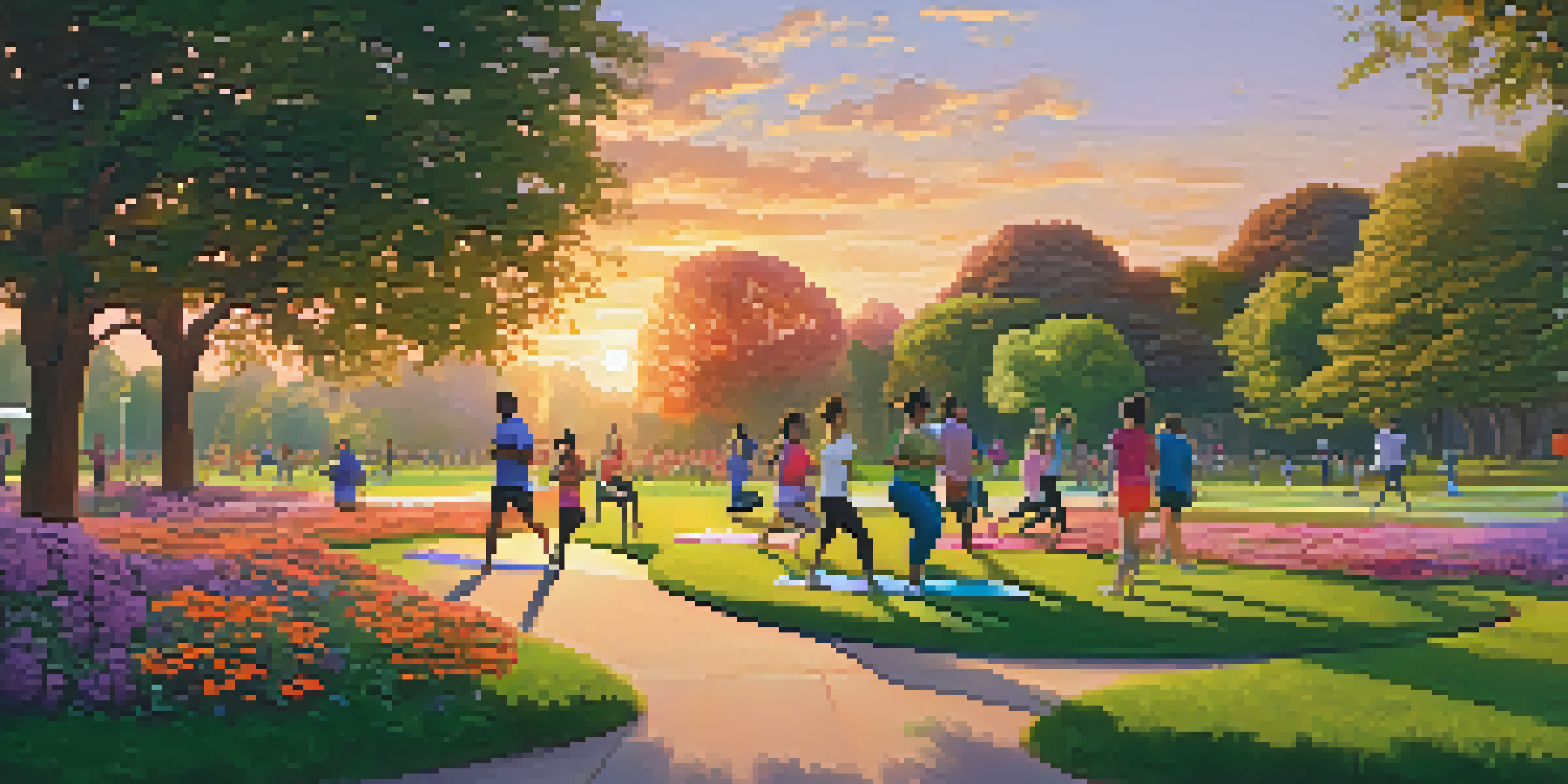 A vibrant park at sunset with people walking, jogging, and practicing yoga amidst colorful flowers and trees.