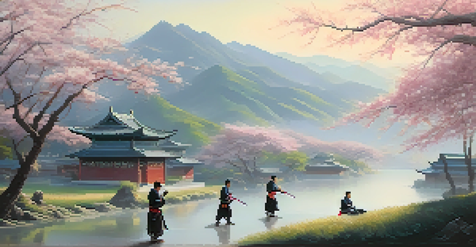 A peaceful traditional Chinese martial arts school with students practicing self-defense techniques amidst cherry blossom trees and misty mountains.