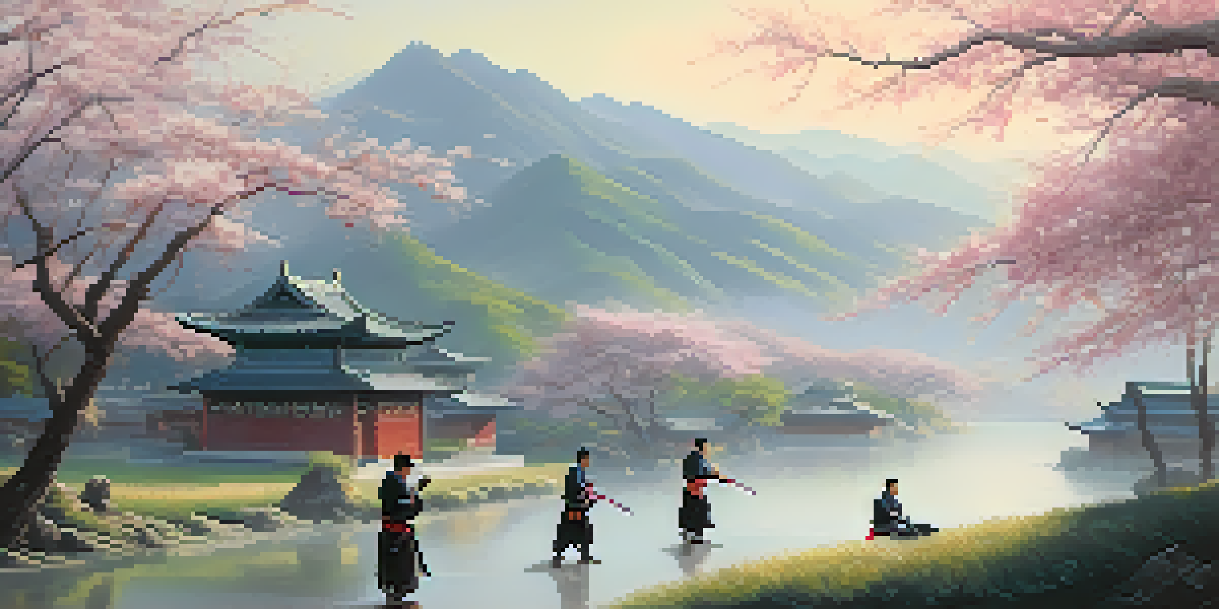 A peaceful traditional Chinese martial arts school with students practicing self-defense techniques amidst cherry blossom trees and misty mountains.