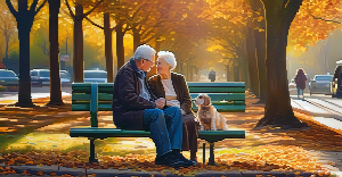 An elderly couple enjoying a peaceful moment in a park surrounded by colorful autumn leaves, with their small dog resting beside them.