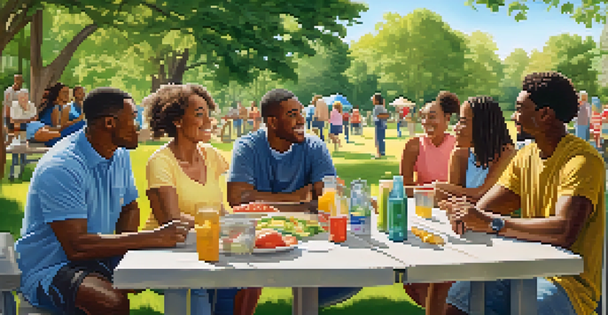 A group of diverse neighbors meeting in a park, discussing safety and community watch initiatives.