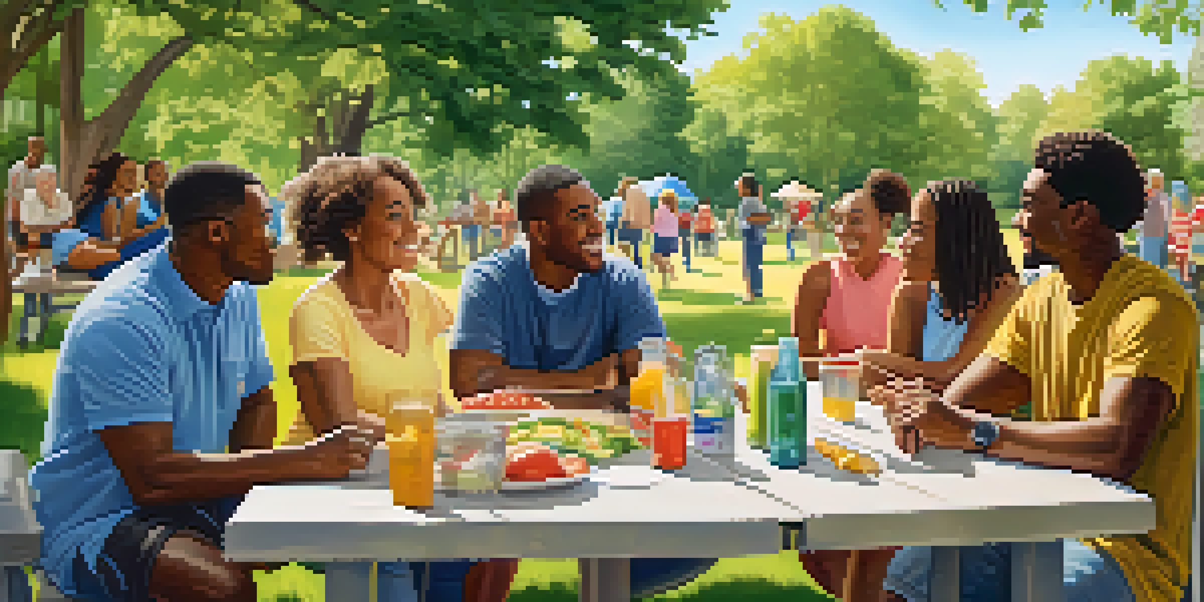 A group of diverse neighbors meeting in a park, discussing safety and community watch initiatives.