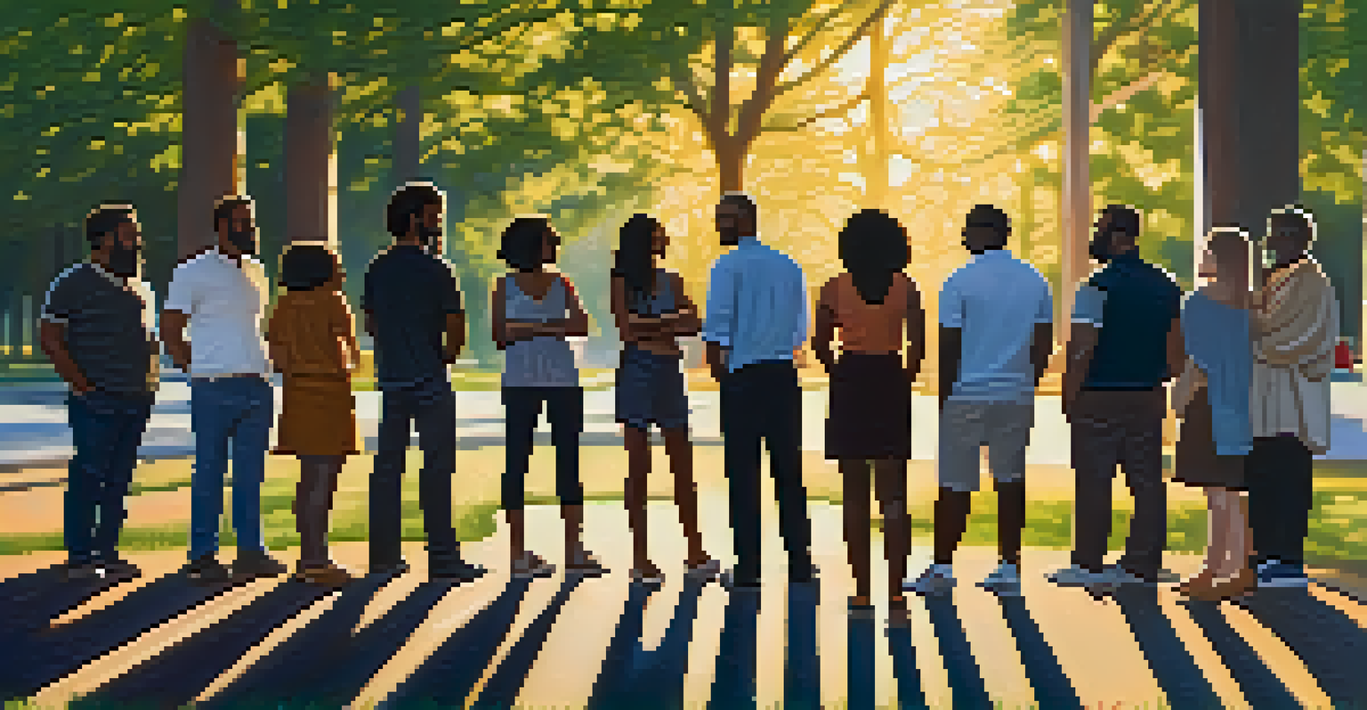 A diverse group of people standing in an open circle in a park, showcasing friendly body language and engagement.