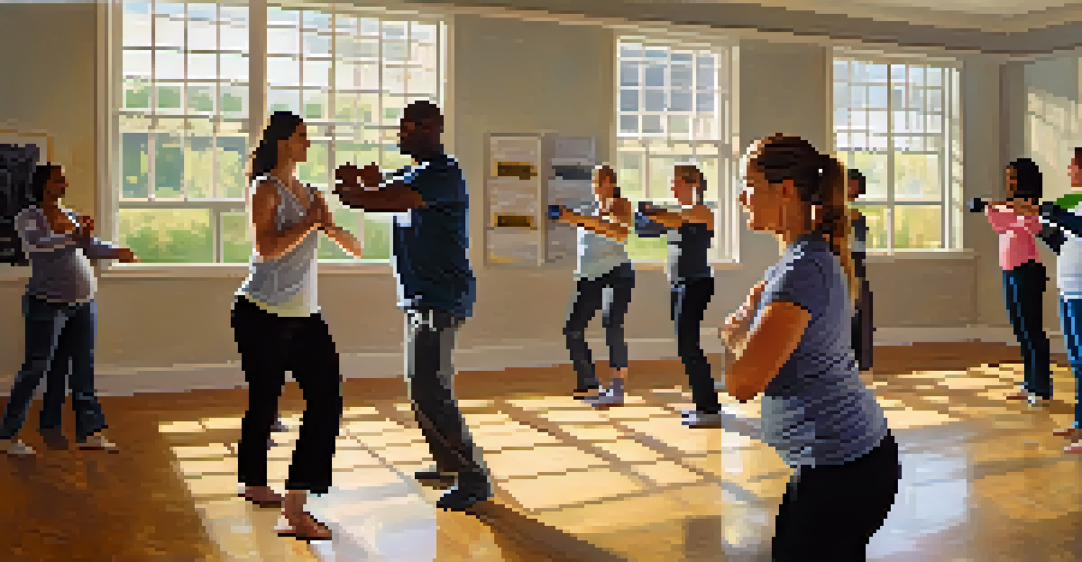 A diverse group of expecting parents participating in a self-defense class, engaged in partner drills with a supportive instructor.