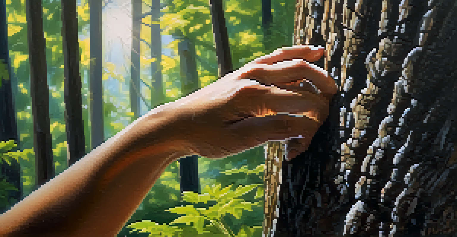 A close-up of a hand holding a branch in a forest, representing readiness and environmental awareness.
