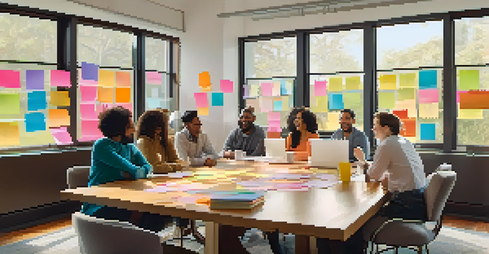 A team of diverse individuals laughing in a cozy meeting room around a large table, with a whiteboard and warm natural light.