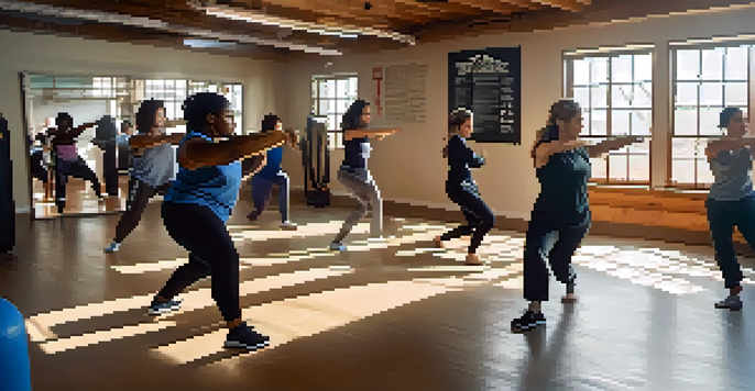 A group of women practicing self-defense techniques in a bright and welcoming studio with sunlight filtering through windows.