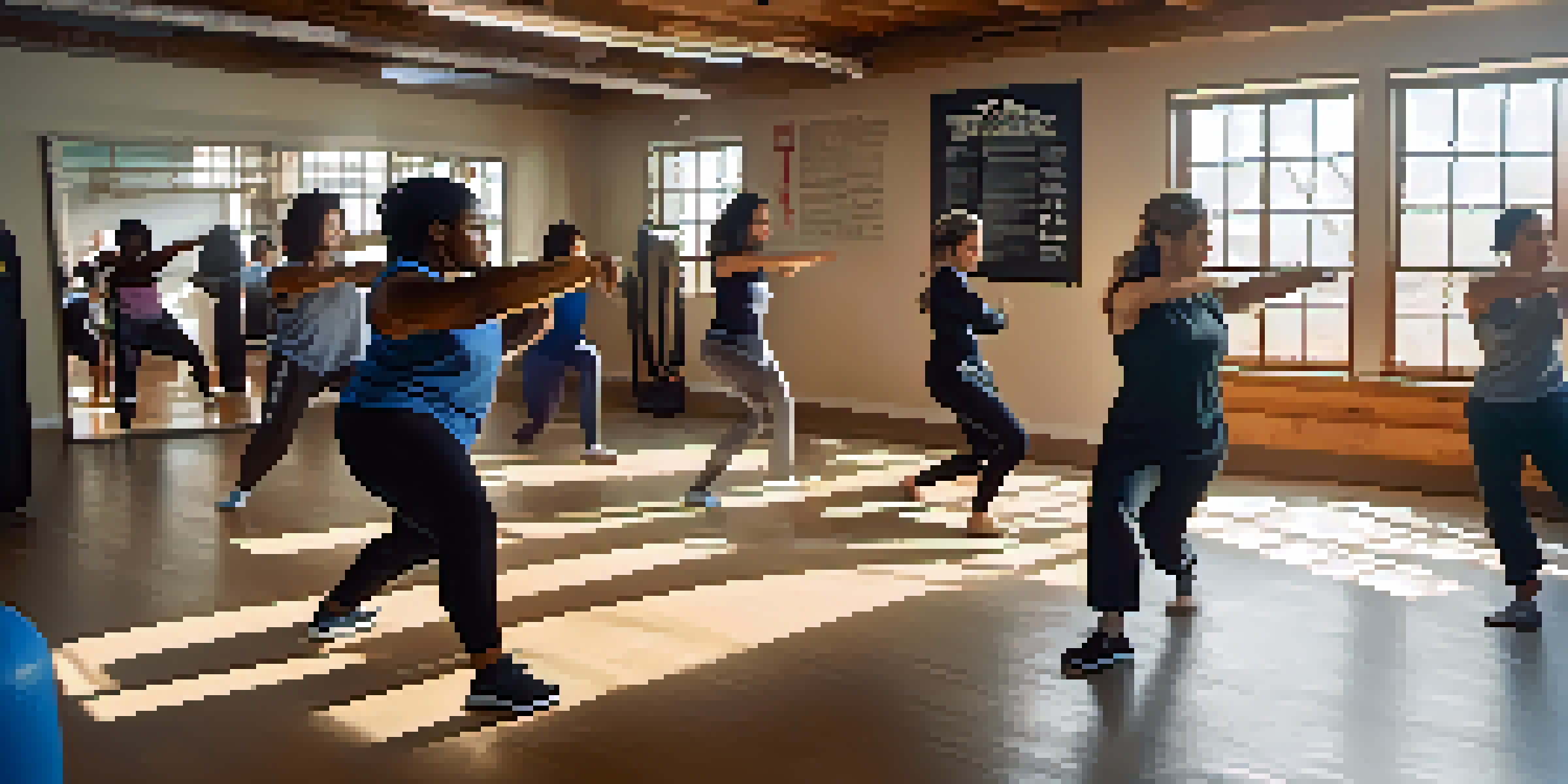 A group of women practicing self-defense techniques in a bright and welcoming studio with sunlight filtering through windows.