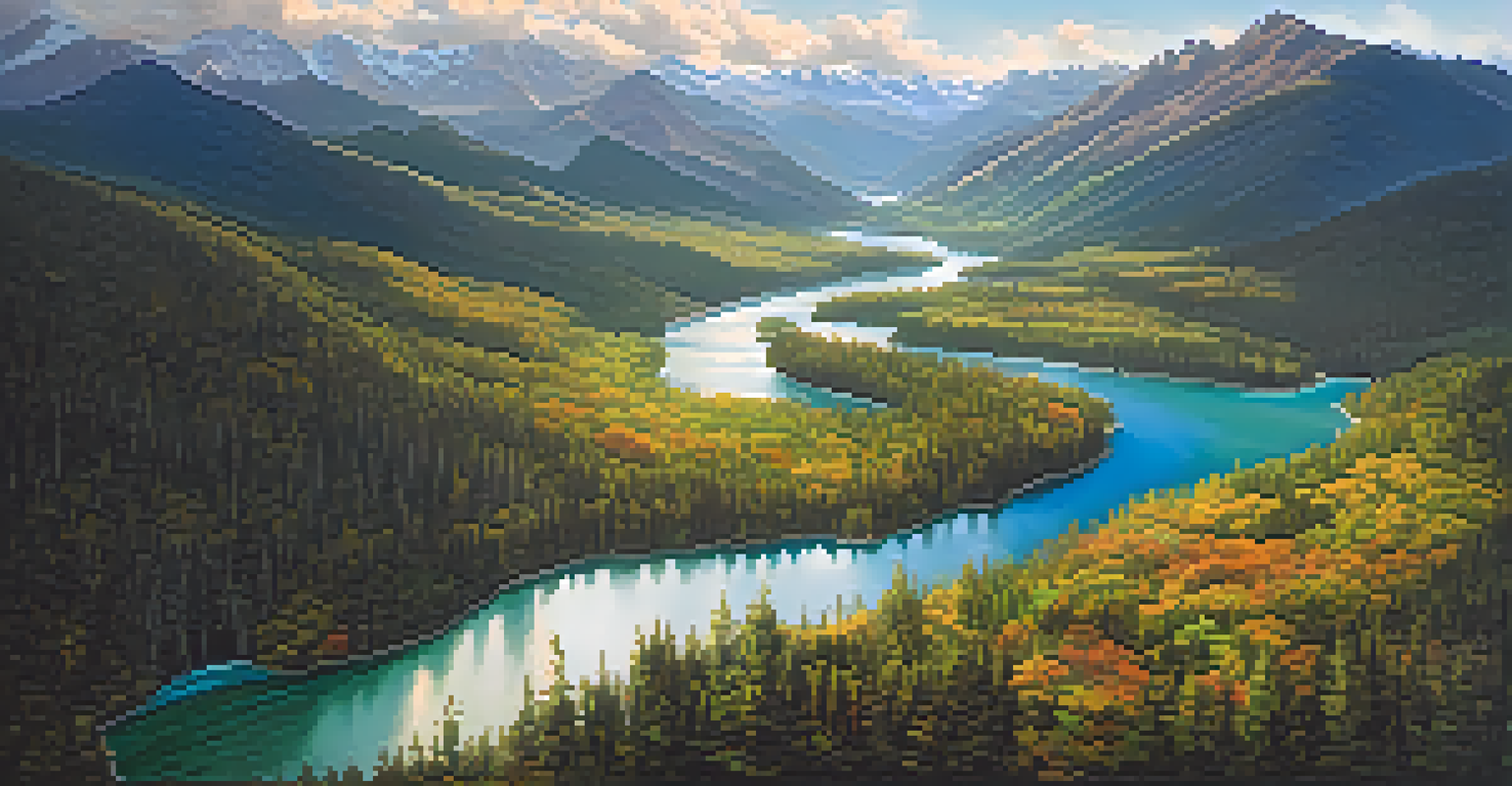 Aerial view of sacred Indigenous land featuring untouched forests, winding rivers, and majestic mountains under soft sunlight.