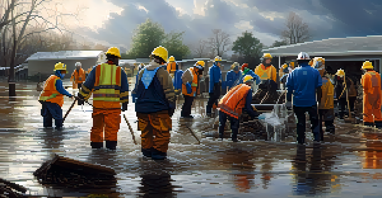 Volunteers working together to clean up and assess damage after a flood, showcasing community resilience.