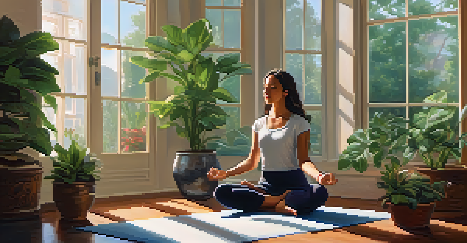 A person sitting calmly in a cozy room, practicing breathing exercises with plants and soft lighting around them.