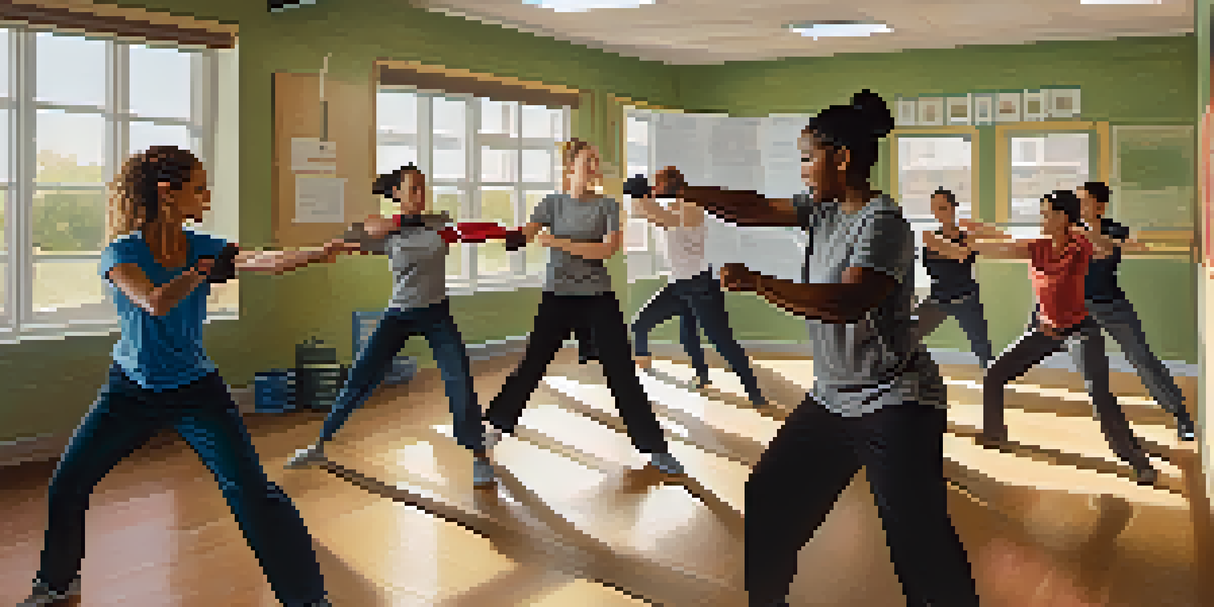 A diverse group of individuals learning self-defense techniques from an instructor in a bright community center.