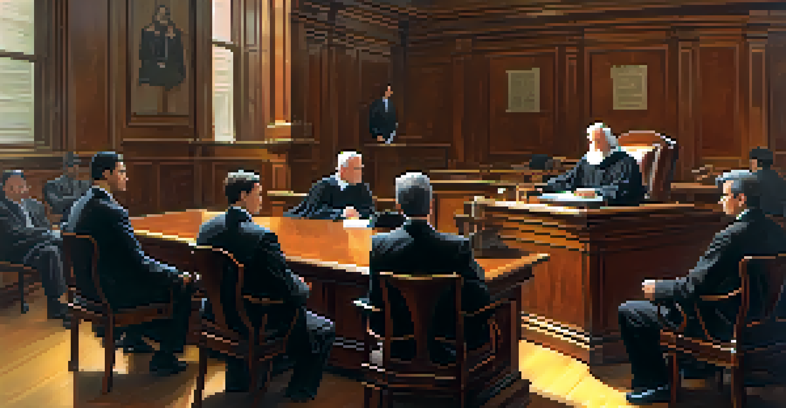 A courtroom scene showing a legal discussion about self-defense laws with a judge and lawyer present.