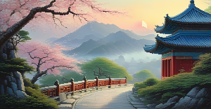 A tranquil Chinese landscape with mountains, a temple, and cherry blossom trees at sunrise.