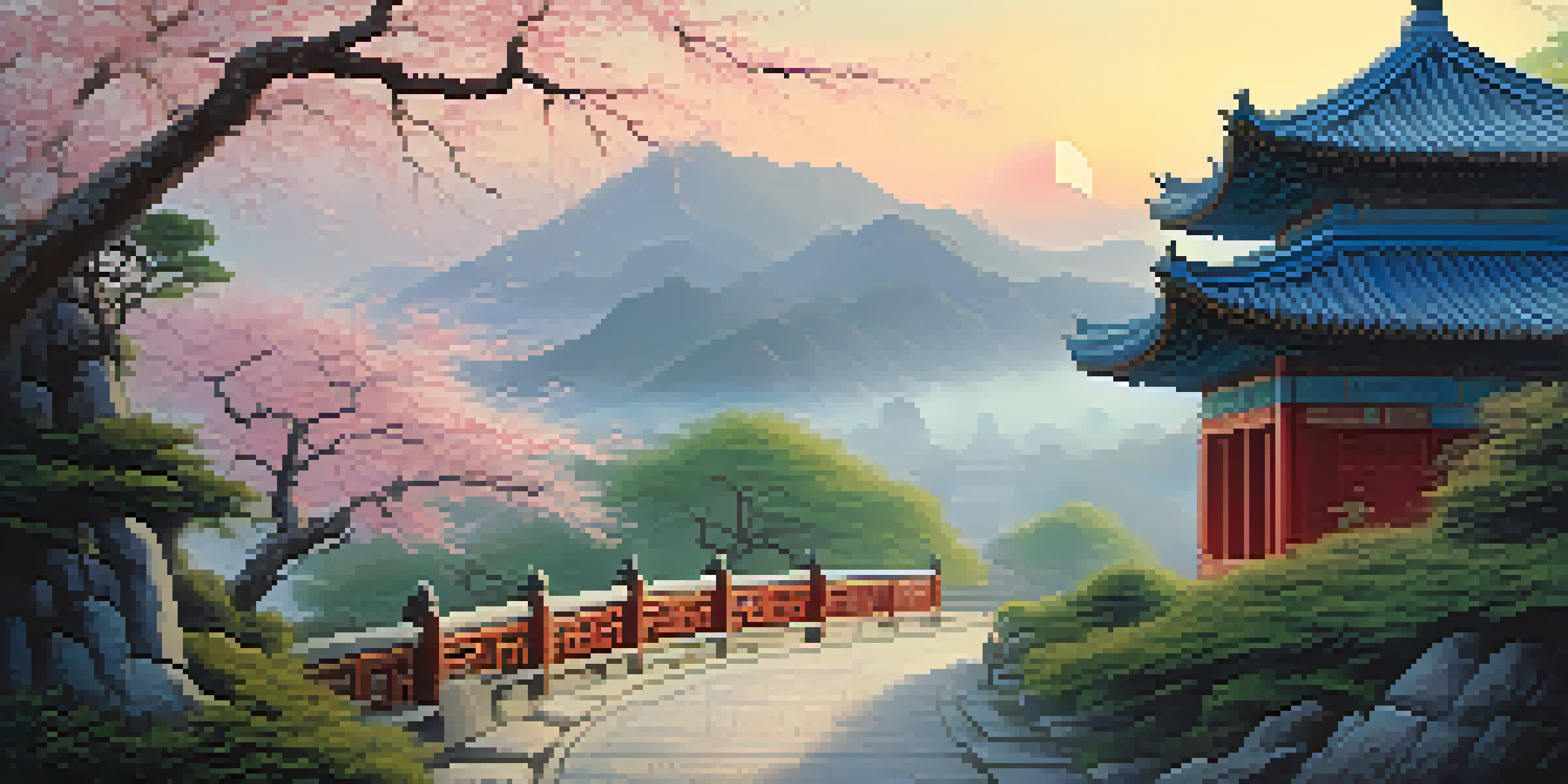 A tranquil Chinese landscape with mountains, a temple, and cherry blossom trees at sunrise.