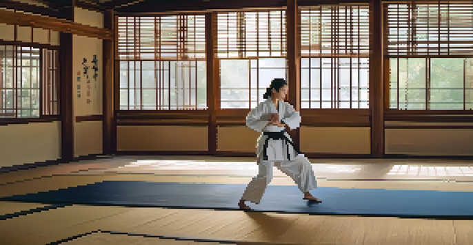 A confident woman practicing self-defense techniques in a traditional dojo, mid-movement with a backdrop of soft sunlight.